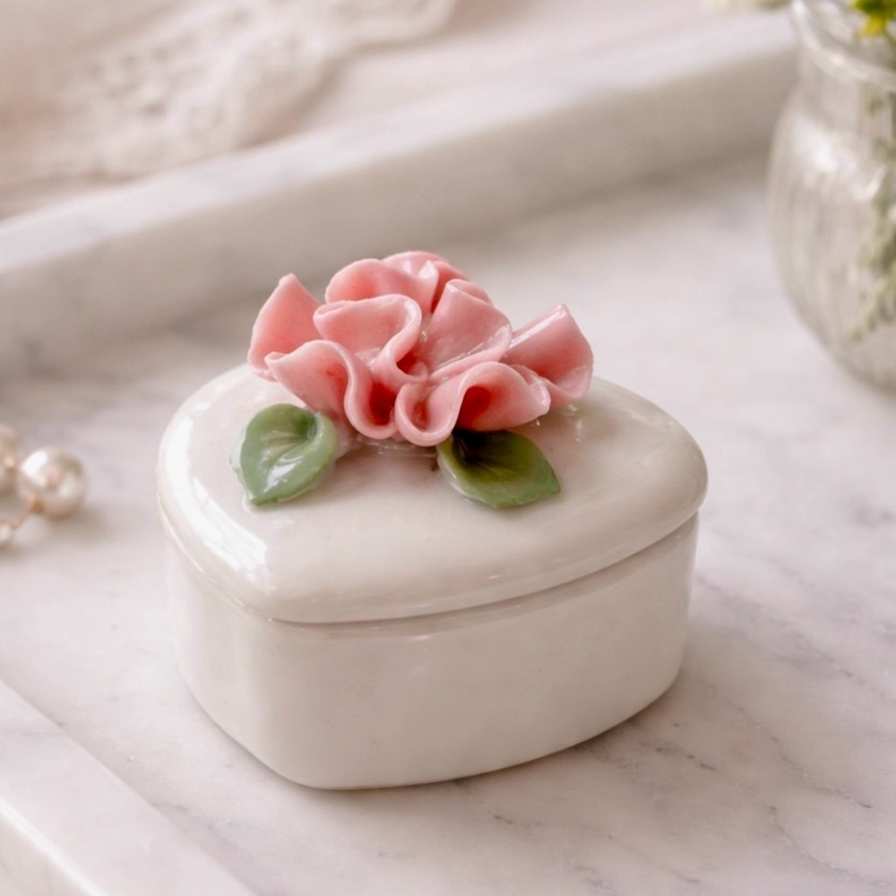 Porcelain Heart Trinket Box with Pink Rose
